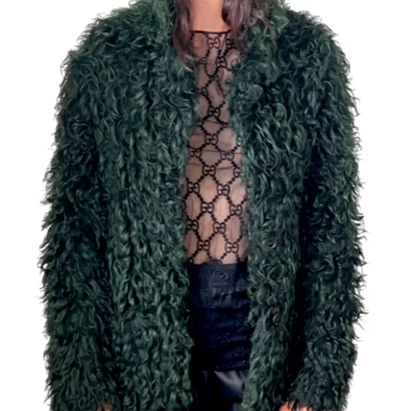 Authentic GUCCI Tom Ford 2014 Curly Shearling Fur Green Jacket Coat Med FRE GIFT - Picture 2 of 16